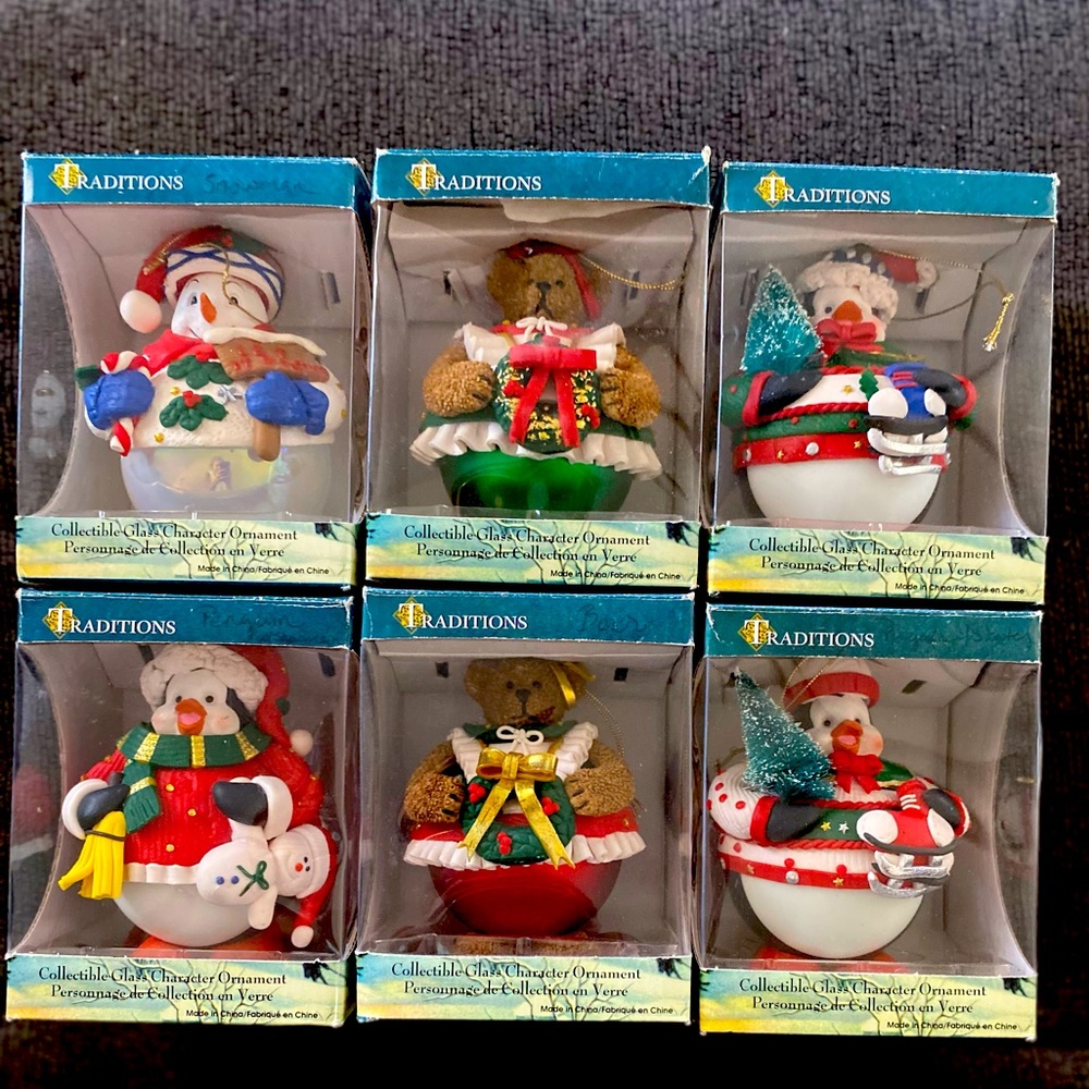6 Collectable glass Character Ornaments